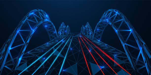 Polygonal bridge design. Polygonal bridge design. The effect of night lights on the road. Blue background. bridge stock illustrations