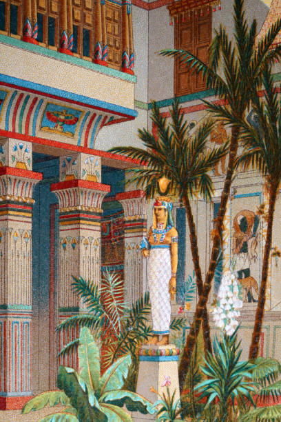 Detail of interior of Ancient Egyptian Palace, painted state, columns, palm trees Vintage illustration of Detail of interior of Ancient Egyptian Palace, painted state, columns, palm trees egypt palace stock illustrations