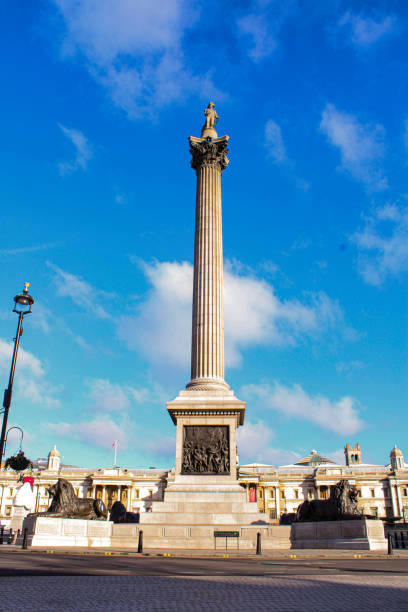 colonna di nelson - lion statue london england trafalgar square foto e immagini stock