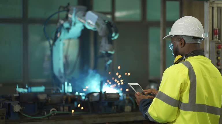 SLOW MO Black African Engineer Using Tablet Programming Industrial Robots