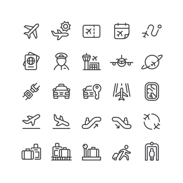 Airport Line Icons Editable Stroke Set of airport line vector icons. Editable stroke. airport symbols stock illustrations