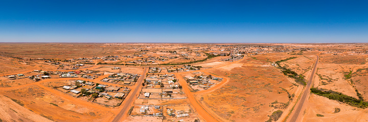 Aerial Panoramic view of the Opal mining town of Coober Pedy, South Australia.