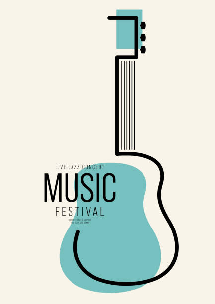 ilustraciones, imágenes clip art, dibujos animados e iconos de stock de plantilla de diseño de póster de música decorativa con guitarra de contorno - guitarra