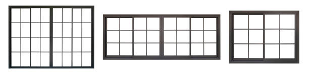 black metallic window and door frame set isolated on white background