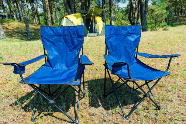 istock camping in a pine forest by the sea, chairs close-up 1308167523