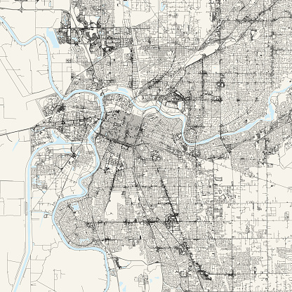 Topographic / Road map of Sacramento, California CA. USA United States of America. Original map data is open data via © OpenStreetMap contributors. All maps are layered and easy to edit. Roads are editable stroke.