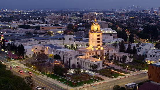 Aerial view of Beverly Hills City Hall at night.