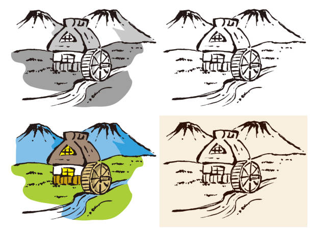 ilustrações de stock, clip art, desenhos animados e ícones de illustration of old asian landscape. - water wheel