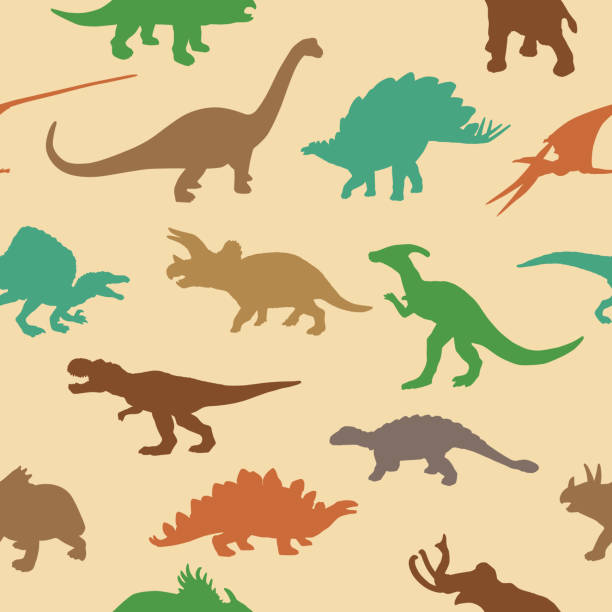Dinosaurs Seamless Pattern Vector seamless pattern of cute colorful dinosaurs on a beige square background. dinosaur stock illustrations