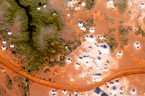 Aerial Directly above view of the Opal mines of Coober Pedy, South Australia.