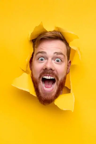 Amazed guy with ginger beard looking at camera and yelling while peeking from hole in ripped yellow paper