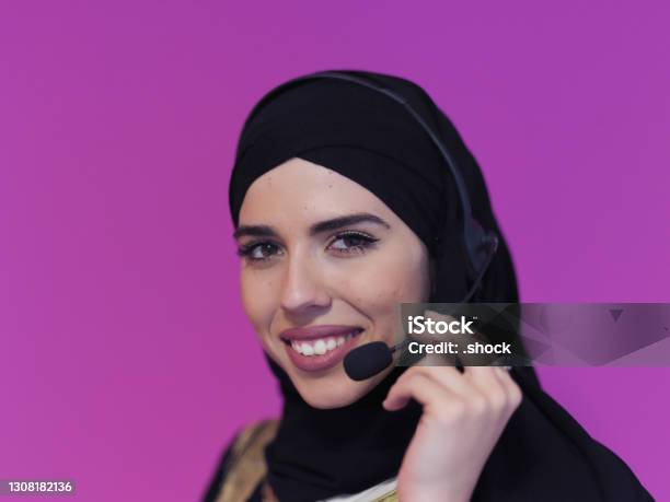 Portrait Of Young Muslim Woman With Headphones Stock Photo - Download Image Now - Abaya - Clothing, Adult, Adults Only