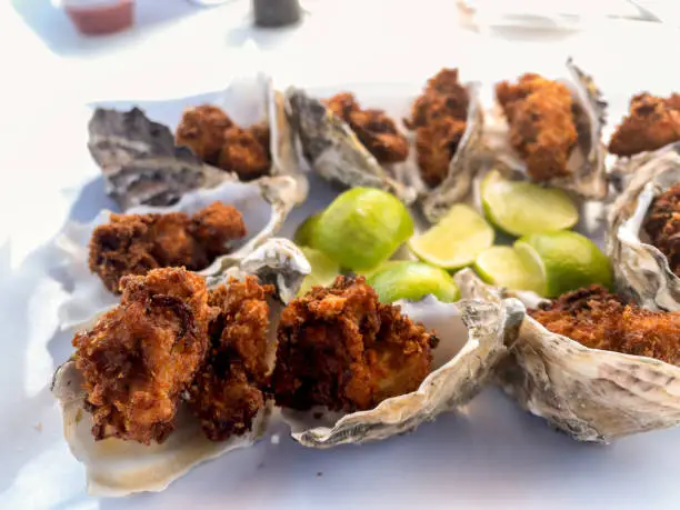 Delicious Platter Of Deep Fried Oysters On A Half Shell At A Beach Cafe In Puerto Penasco, Mexico