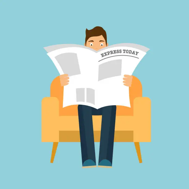 Vector illustration of Man sitting on armchair and reading newspaper in flat design. Reading social events, financial business news.