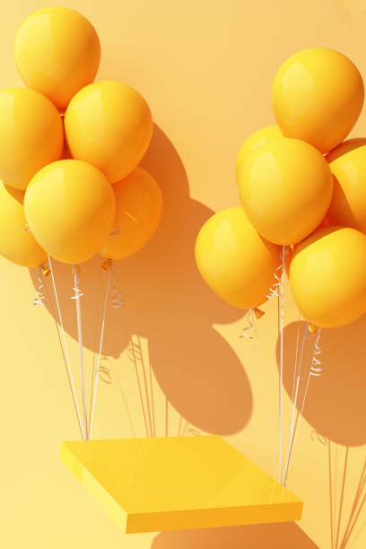 istock Yellow balloon Tied up with a yellow product stand and it's pulling it up 3d rendering 1308188261