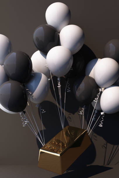 istock black and white balloon Tied up with a gold bar and it's pulling it up 3d rendering 1308188269