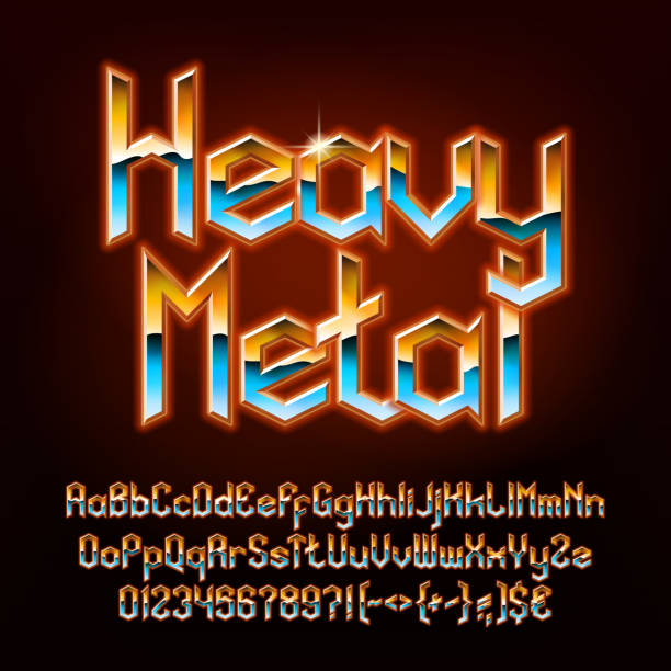 Heavy Metal alphabet font. Glowing letters, numbers and punctuations in hard rock style. Uppercase and lowercase. Heavy Metal alphabet font. Glowing letters, numbers and punctuations in hard rock style. Uppercase and lowercase. Retro typescript for your typography design. heavy metal stock illustrations