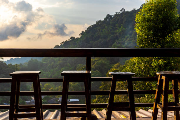 istock Empty tables and chairs outdoor and mountain view. 1308198472