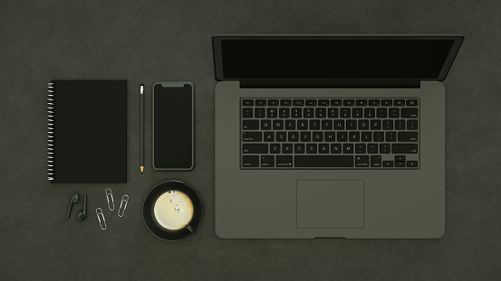 3D Rendering of Workplace, Technology Idea Concept, Laptop and Smartphone. Black Background.