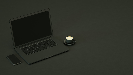 3D Rendering of Workplace, Technology Idea Concept, Laptop and Smartphone. Black Background.