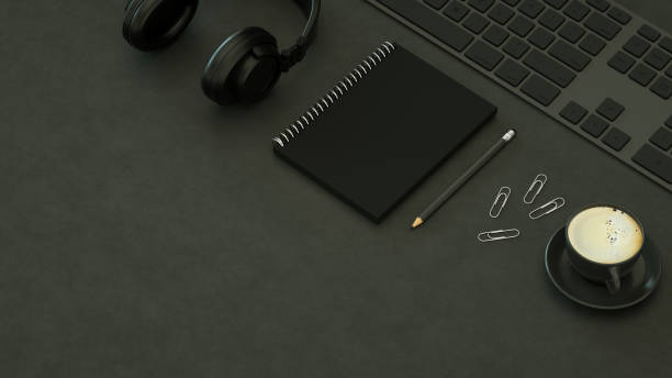 Top View of Workplace with Keyboard, Technology Idea Concept, Black Background