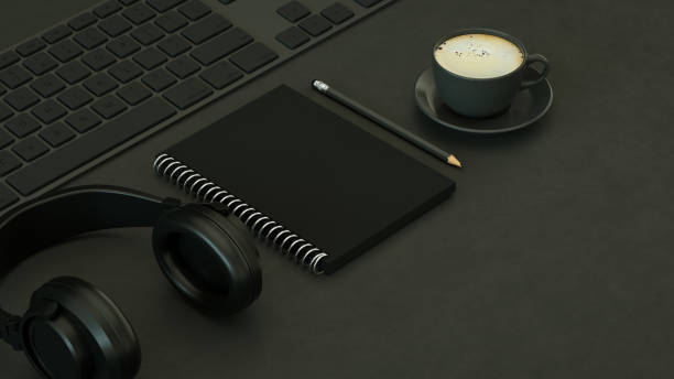 istock Top View of Workplace with Keyboard, Technology Idea Concept, Black Background 1308200177
