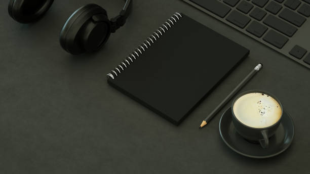 istock Top View of Workplace with Keyboard, Technology Idea Concept, Black Background 1308200185