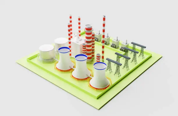 3d nuclear power plant factory, 3d illustration rendering
