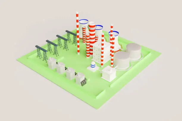 3d nuclear power plant factory, 3d illustration rendering