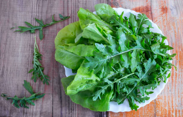 istock Fresh green leaves of arugula on the table 1308206894