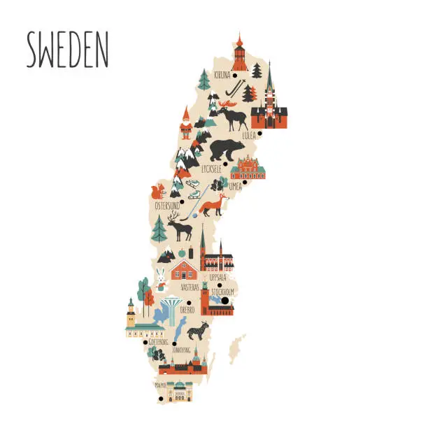 Vector illustration of Sweden cartoon vector travel map, Swedish landmark flat building, City Hall of Stockholm, Synagogue of Malmoe, Water tower of Orebro, Church of Christina of Gotenborg, Uppsala Cathedral, Kalmar castle