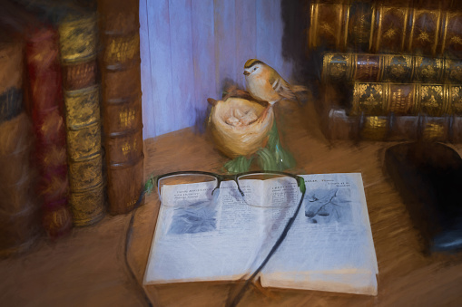 Digital oil painting of a classical still life scene of leather bound books, an open book, and a brass bell.