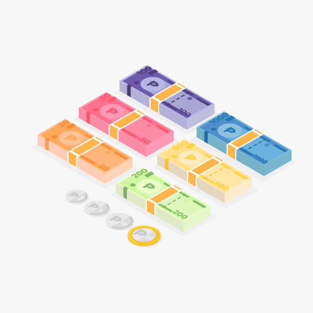 Set of Philippine peso banknotes in isometric design Set of Philippine peso banknotes and coins in simple isometric design philippines currency stock illustrations