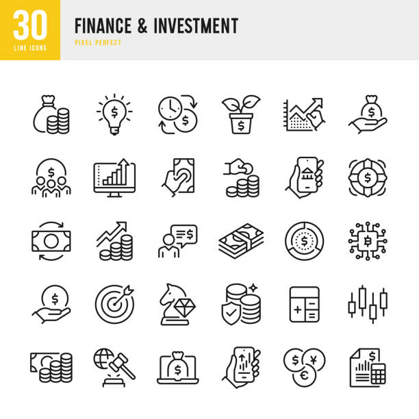 ilustrações, clipart, desenhos animados e ícones de finance & investment - conjunto de ícones vetoriais de linha fina. pixel perfeito. o conjunto contém ícones: investimento, bolsa de valores, consultor financeiro, moeda de papel, relatório financeiro, mobile banking, wealth. - currency exchange tax finance trading