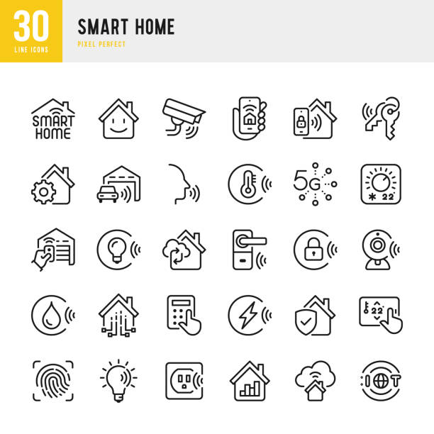 bildbanksillustrationer, clip art samt tecknat material och ikoner med smart home - tunn linje vektor ikonuppsättning. pixel perfekt. uppsättningen innehåller ikoner: smart home, autonomous technology, virtual assistant, biometric system, iot, remote control. - security home