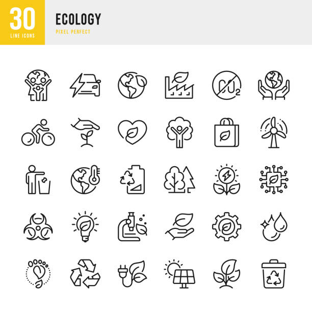 ecology - zestaw ikon wektorowych cienkich linii. piksel idealny. zestaw zawiera ikony: zmiany klimatu, alternatywne źródła energii, pojazd elektryczny, zero odpadów, dwutlenek węgla, energia słoneczna, energia wiatrowa. - environment stock illustrations