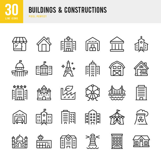 illustrazioni stock, clip art, cartoni animati e icone di tendenza di buildings & constructions - set di icone vettoriali a linea sottile. pixel perfetto. il set contiene icone: banca, casa, campidoglio, grattacielo, taj mahal, torre eiffel, ponte, ospedale, aeroporto, chiesa, faro, fabbrica. - townhouse