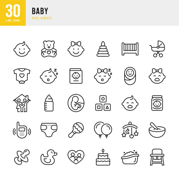baby - dünnlinien-vektor-symbol-set. pixel perfekt. das set enthält symbole: baby boys, baby girls, familie, neugeborene, babyflasche, baby kinderwagen, krippe, teddybär, geburtstagstorte. - baby or kind stock-grafiken, -clipart, -cartoons und -symbole