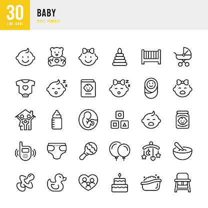 BABY - thin line vector icon set. 30 linear icon. Pixel perfect. The set contains icons: Baby Boys, Baby Girls, Family, Newborn, Baby Bathtub, Baby Bottle, Baby Food, Baby Stroller, Crib, Teddy Bear, Birthday Cake, Rubber Duck.