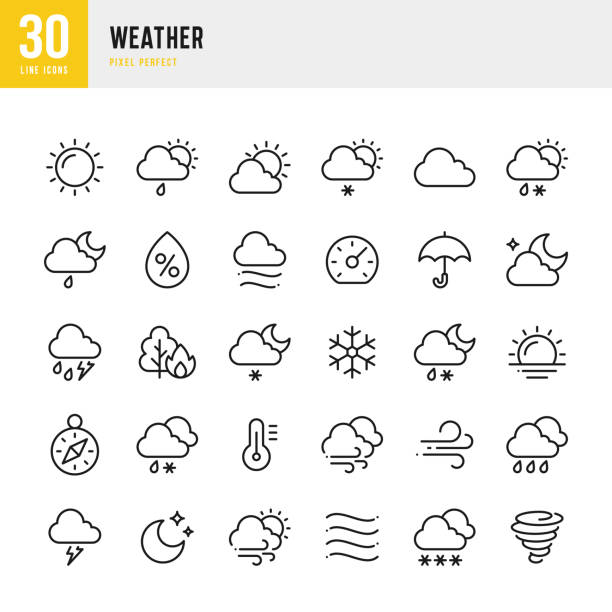 pogoda - zestaw ikon wektorowych cienkich linii. piksel idealny. zestaw zawiera ikony: lato, zima, słońce, księżyc, wiatr, mgła, śnieg, deszcz, huragan. - weather climate cyclone icon set stock illustrations
