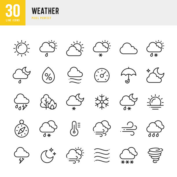 hava durumu - ince çizgi vektör simgesi seti. piksel mükemmel. set simgeleri içerir: yaz, kış, güneş, ay, rüzgar, sis, kar, yağmur, kasırga. - hurricane stock illustrations
