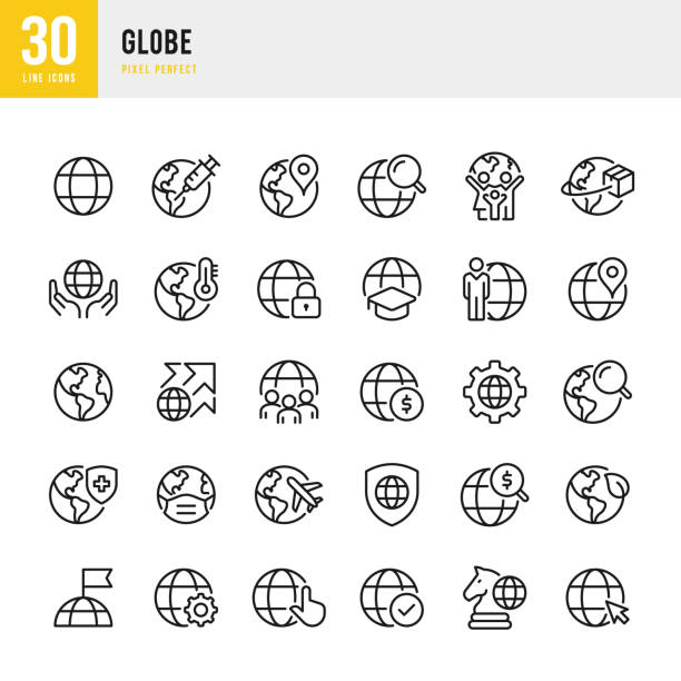 GLOBE - thin line vector icon set. Pixel perfect. The set contains icons: Globe, Planet Earth, Climate Change, Global Business, Ecology, Vaccination, Lockdown, Delivering. GLOBE - thin line vector icon set. 30 linear icon. Pixel perfect. The set contains icons: Globe, Planet Earth, Climate Change, Global Business, Ecology, Vaccination, Lockdown, Transportation, Delivering. climate change money stock illustrations