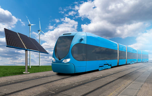 istock Futuristic blue train with wind turbines and solar panels 1308222926