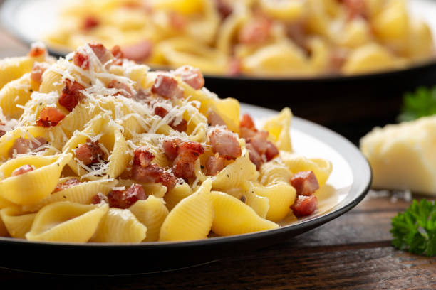istock Classic Pasta carbonara with bacon, egg, cream, black pepper and Parmesan Cheese on plate. Italian food 1308228226