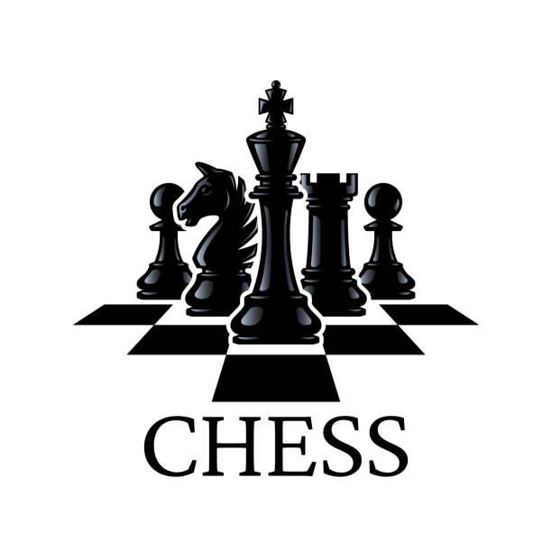 체스 조각 벡터 일러스트레이션. 체스 조각 : 왕, 기사, 루크, 체스 판에 폰. 흰색 배경에서 격리 - black hobbies chess knight chess stock illustrations