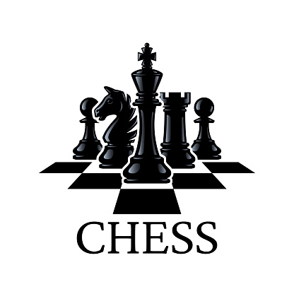 Chess pieces vector illustration. Chess Pieces: King, Knight, Rook, Pawns on a chessboard. Silhouettes of chess pieces. Isolated on a white background