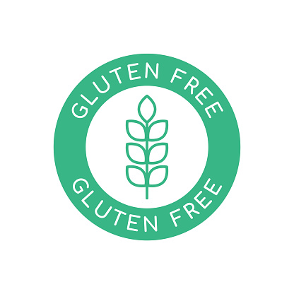 Green round badge with text Gluten free. Seal guarantee to avoid gluten in food (wheat, barley, rye). Vector illustration, flat, clip art