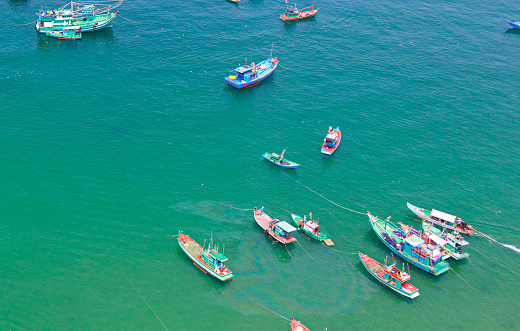 colorful wooden traditional fishing boats in Phu Quoc island, Vietnam
