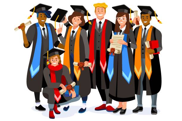 ilustrações, clipart, desenhos animados e ícones de cetificador de diploma a distância para estudantes - attending