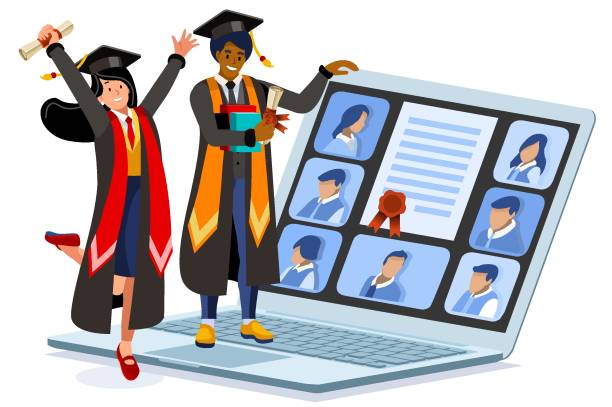 ilustrações, clipart, desenhos animados e ícones de cetificate de diploma a distância para estudante - attending